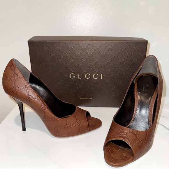 Gucci Guccissima High Heel Peep Toe Leather Pumps - 38 - Picture 3 of 9